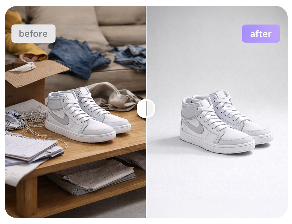 Side-by-side comparison of white Nike high-top sneakers before and after cleaning; left side shows shoes on a cluttered wooden table, right side shows clean shoes on a plain white background.