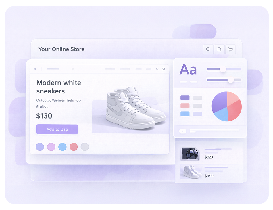 Online store webpage displaying modern white sneakers priced at $130 with options for color selection and add to bag button.