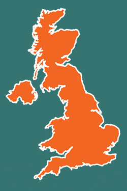 a map of the UK, with animated padel balls showing the locations of courts