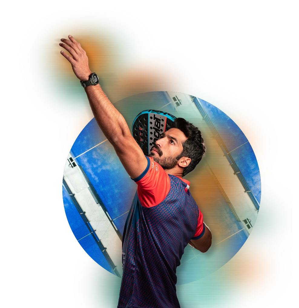 Male padel tennis player about to take a serve, one arm above his head (throwing ball) other holding the racquet ready to strike ball.