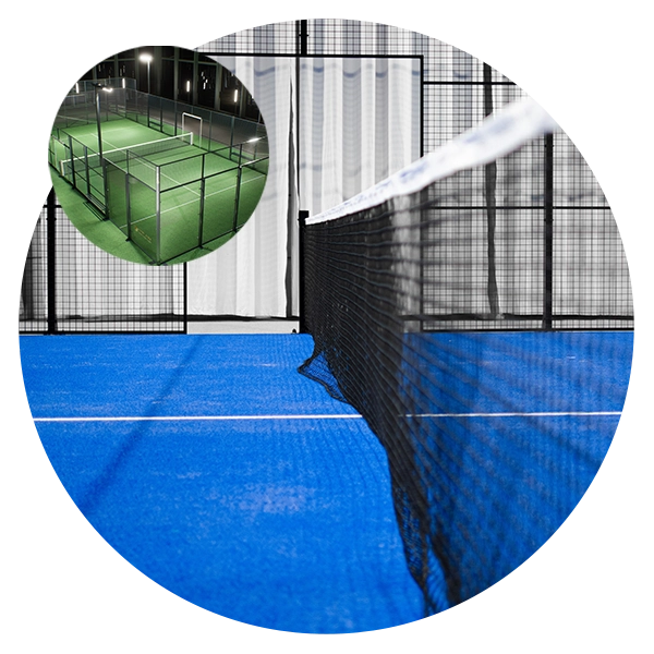 Image of a padel court net against blue turf, with a smaller circular image of a padel court with green turf.