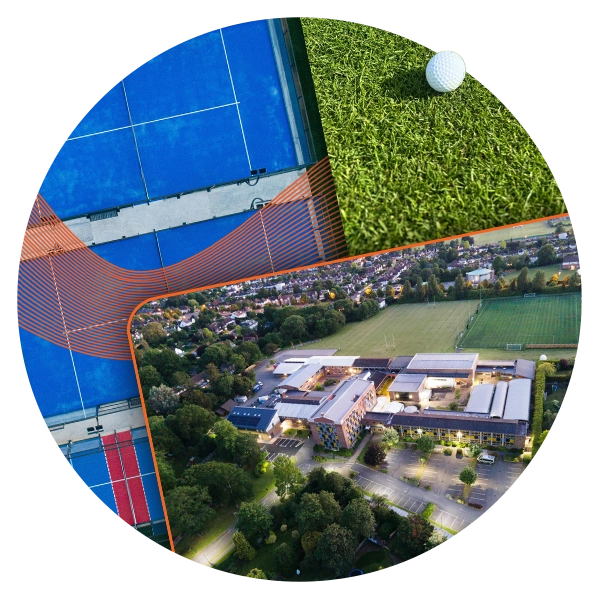 Orb graphic displaying a padel court from above, a school and a gold course