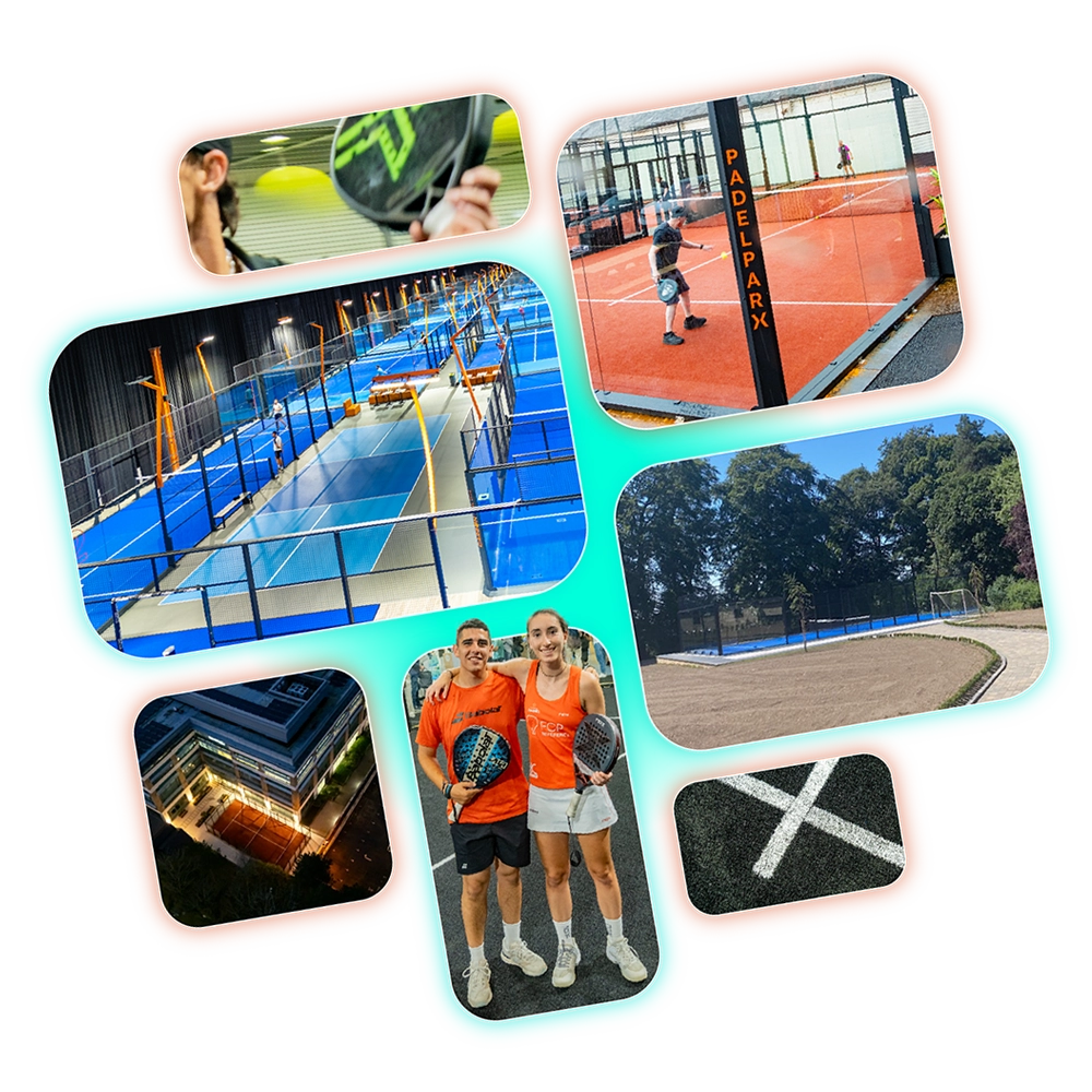 A composition of padel images - players, courts, court details, to represent that RPS cover all elements of padel tennis