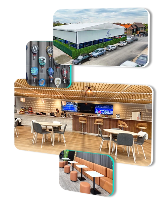 Composition to display different areas of a padel development, including commericial areas, social areas and a canopy covering courts.