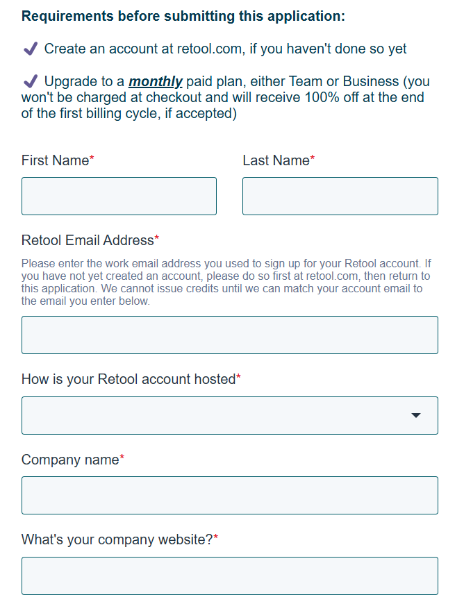 Retool for startups submition form