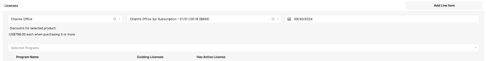 Example of discounts usage from the license creation form