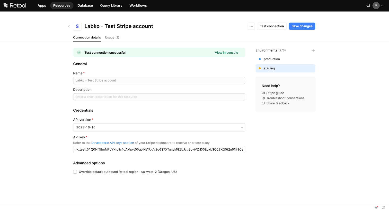 Setup Staging environment for Stripe Resource type in Retool