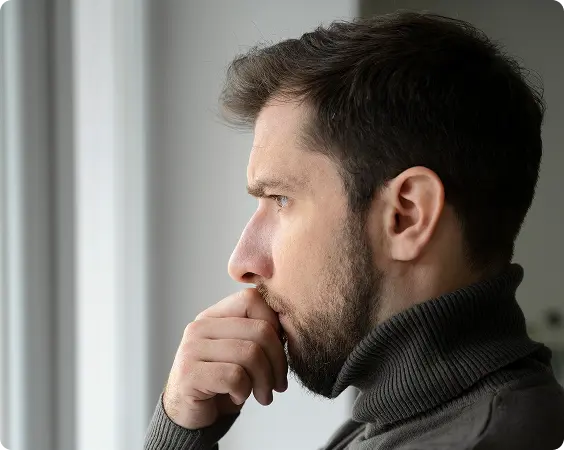 Profile of a thoughtful man with a beard resting his chin on his hand looking out a window.
