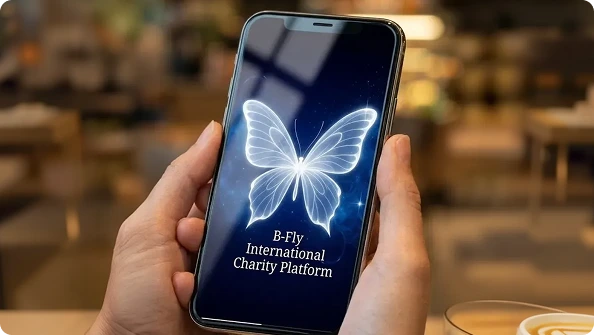 Person holding a smartphone displaying a glowing butterfly and the text 'B-Fly International Charity Platform'.