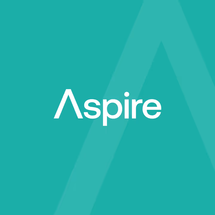White text 'Aspire' on a teal background with a large, faint letter A behind the text.