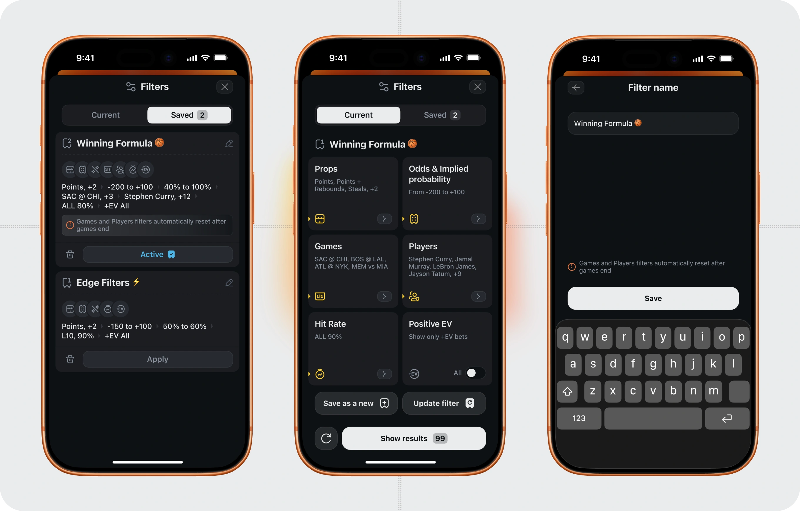 Saved and current filters os player props on home for Statking by flatstudio
