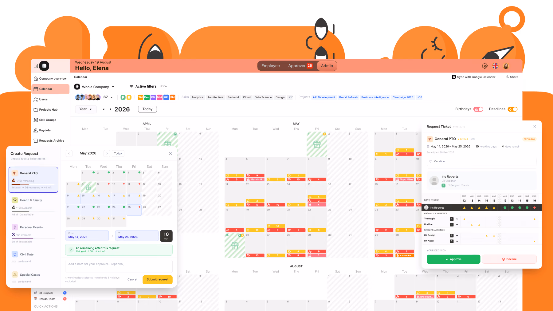 Teamtopia interface: a company-wide year calendar with leave requests, coverage indicators and an approver's request ticket showing project and skill group absences