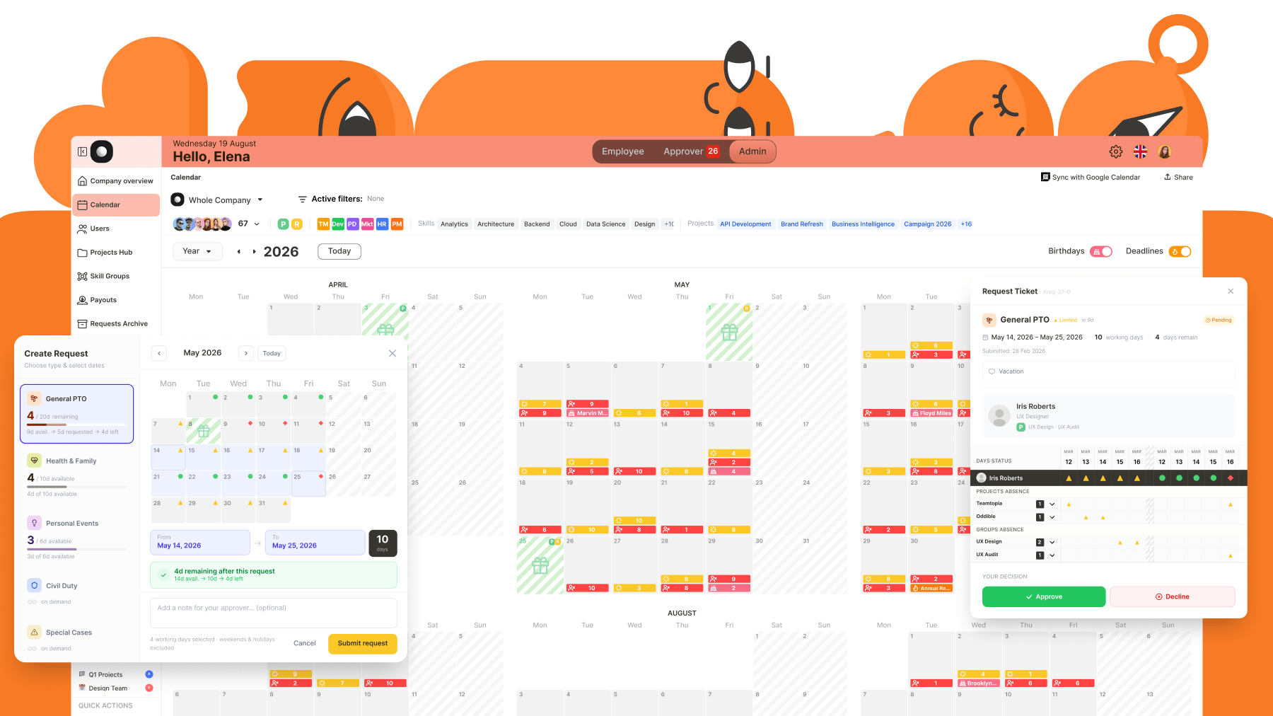 Teamtopia interface: a company-wide year calendar with leave requests, coverage indicators and an approver's request ticket showing project and skill group absences