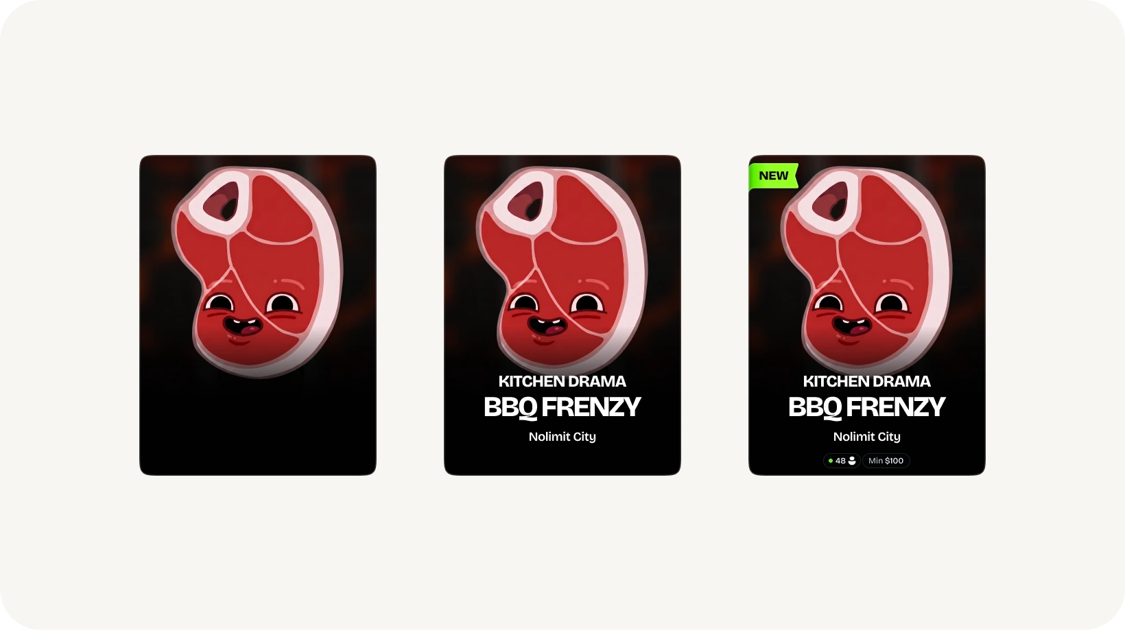 Three output states of a casino game cover: art only, art with text, full lobby version