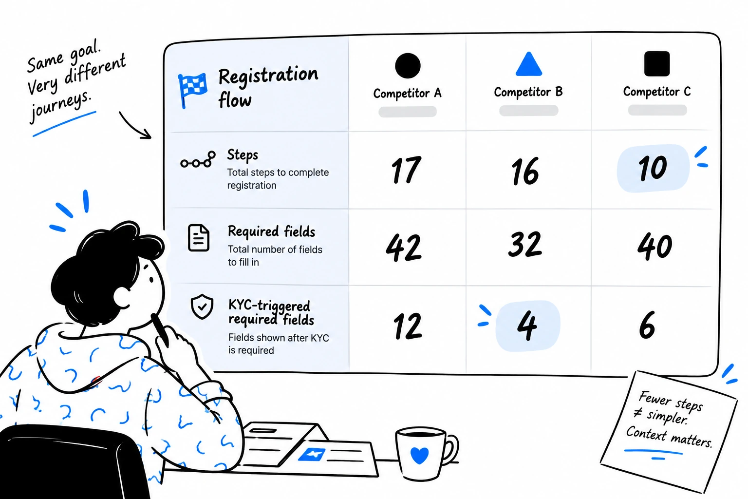Registration flow benchmark: steps and required fields, client vs two competitors