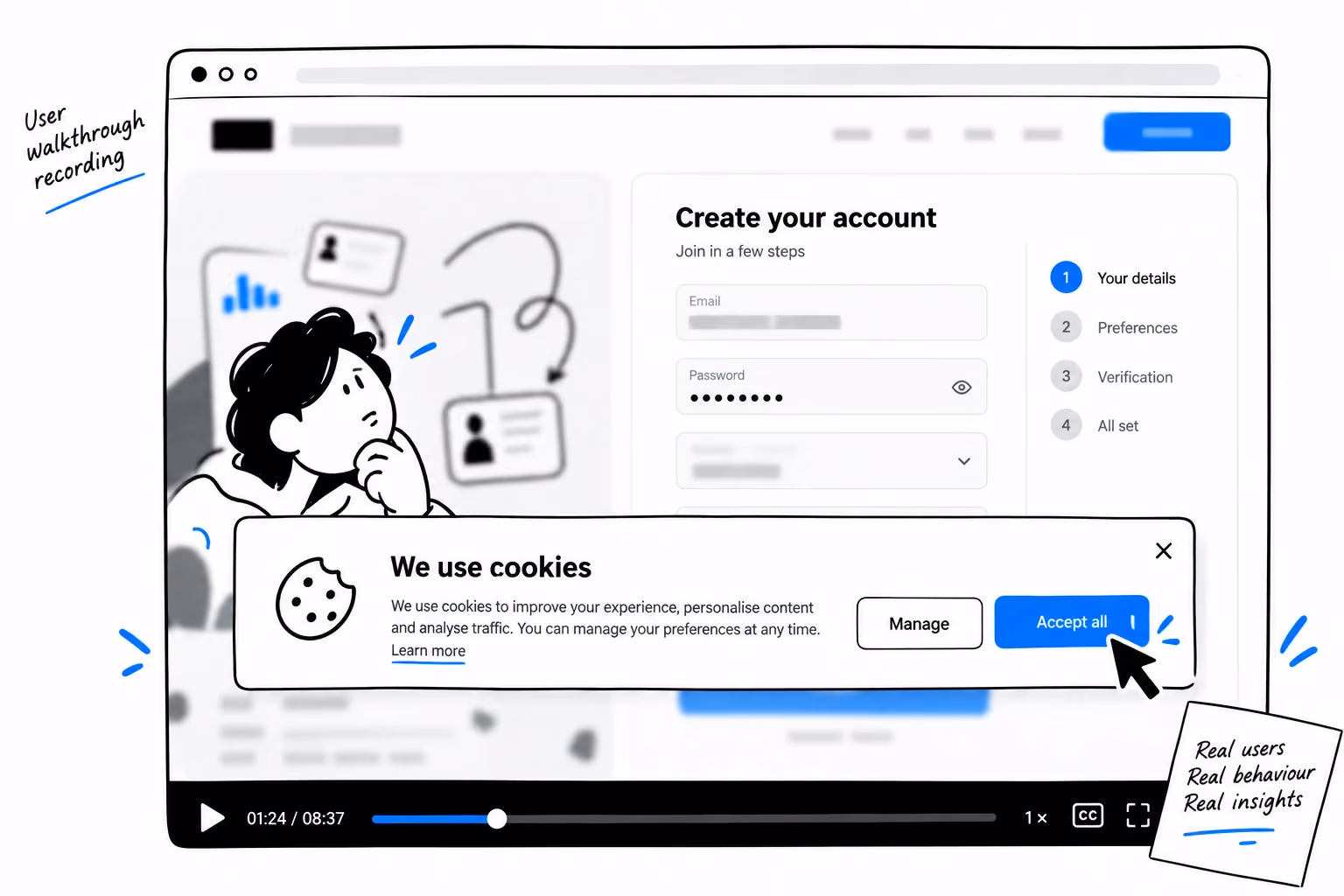 Frame from a recorded user session showing a cookie banner over a multi-step registration form