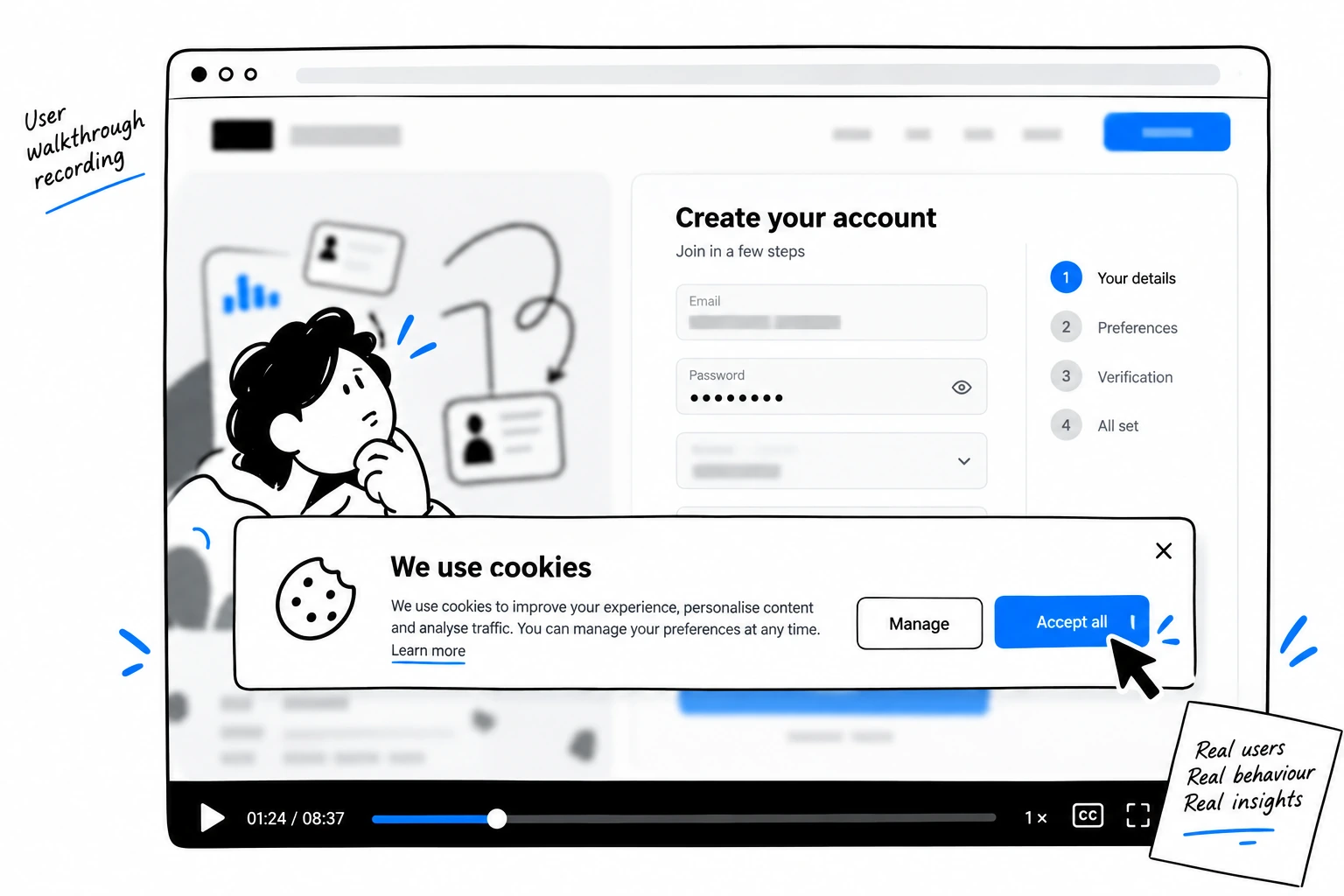 Frame from a recorded user session showing a cookie banner over a multi-step registration form
