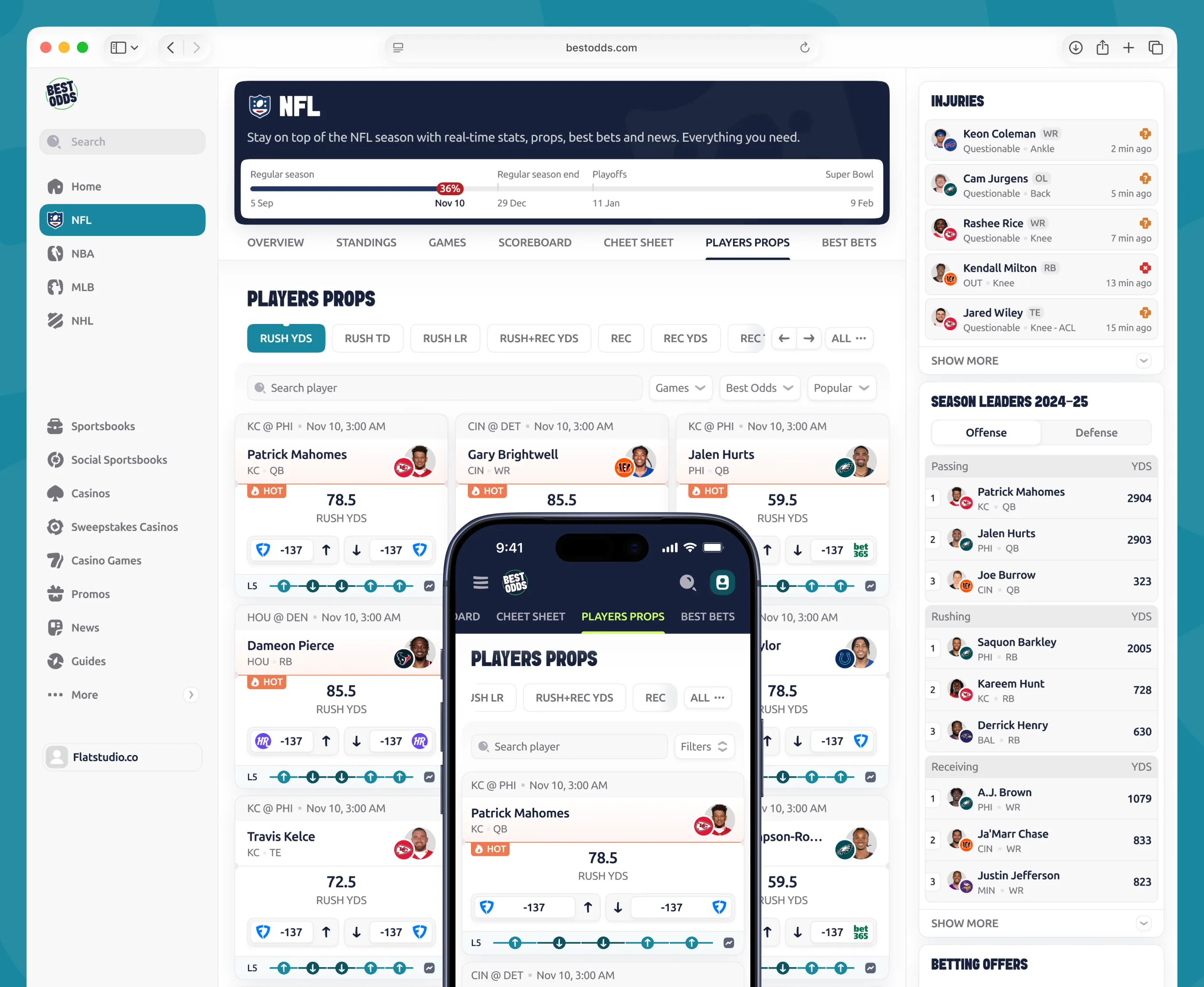 BestOdds player props page desktop and mobile with rush yards tabs and injuries sidebar