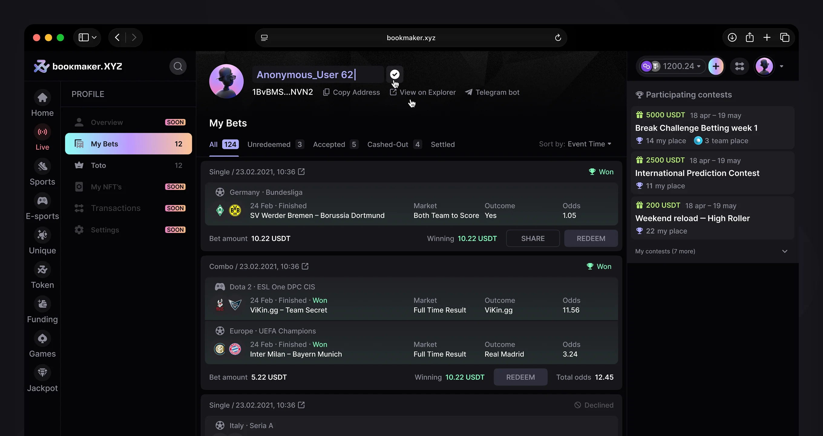 Bookmaker.xyz anonymous user profile showing bet history, wallet address, view on explorer link
