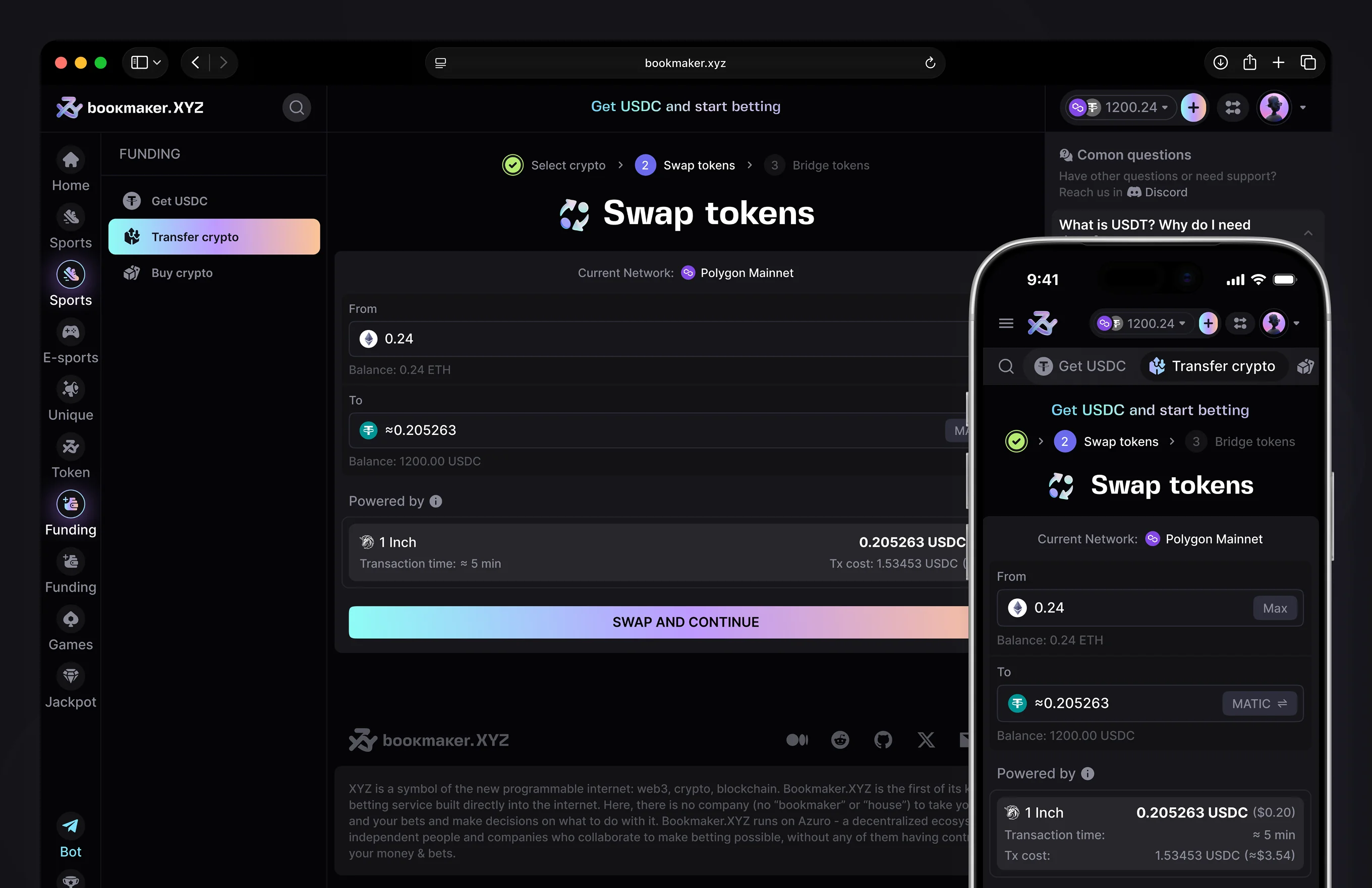 Bookmaker.xyz crypto swap and bridge flow powered by 1inch showing transaction cost