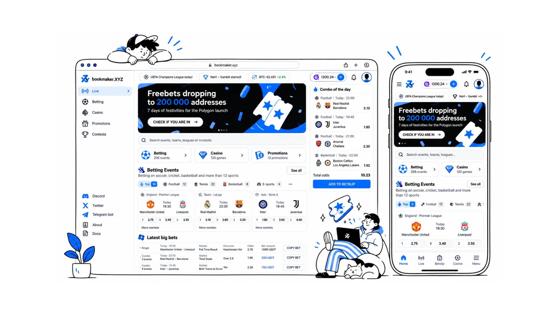 Bookmaker XYZ sports betting interface displayed across desktop and mobile screens