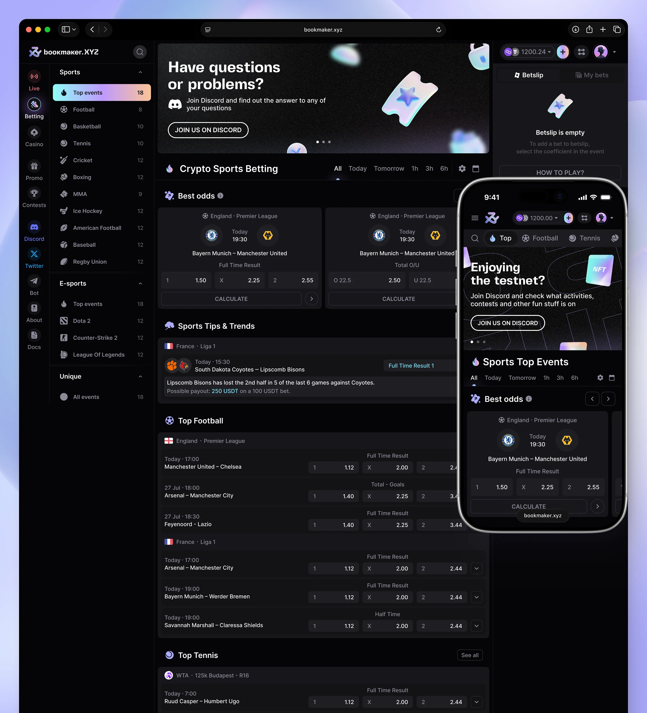 Bookmaker.xyz sports betting homepage with sport sidebar, best odds panel and mobile testnet promo banner