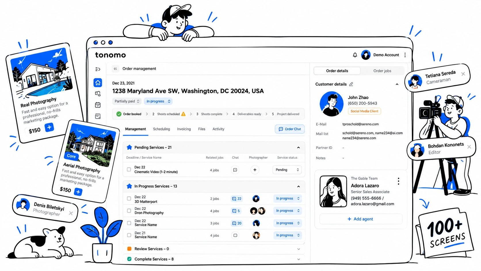 Tonomo order management dashboard designed by Flatstudio, showing order stages, service statuses, customer details, and team roles