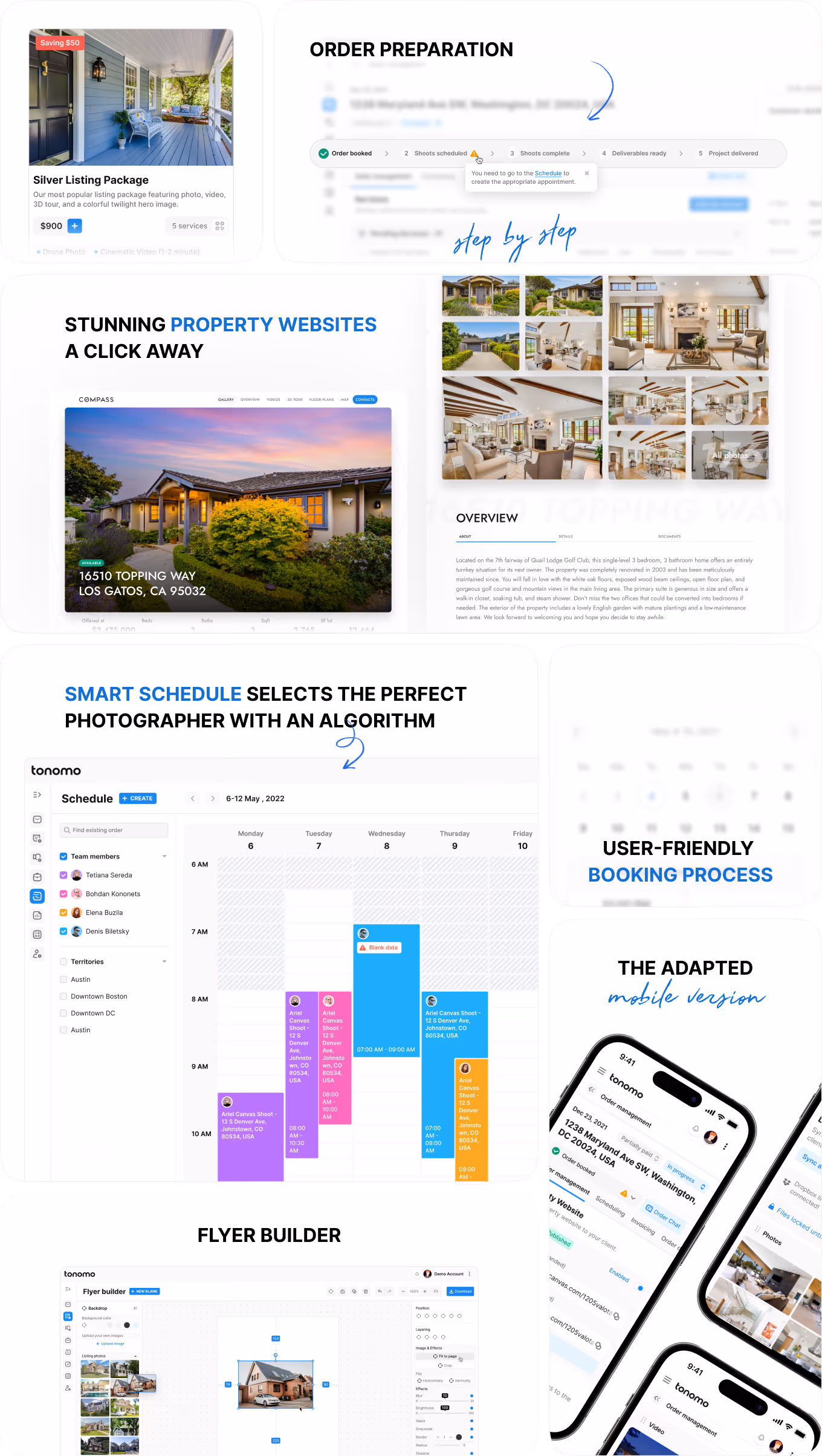Tonomo booking, smart scheduling, and property website screens for real estate media orders