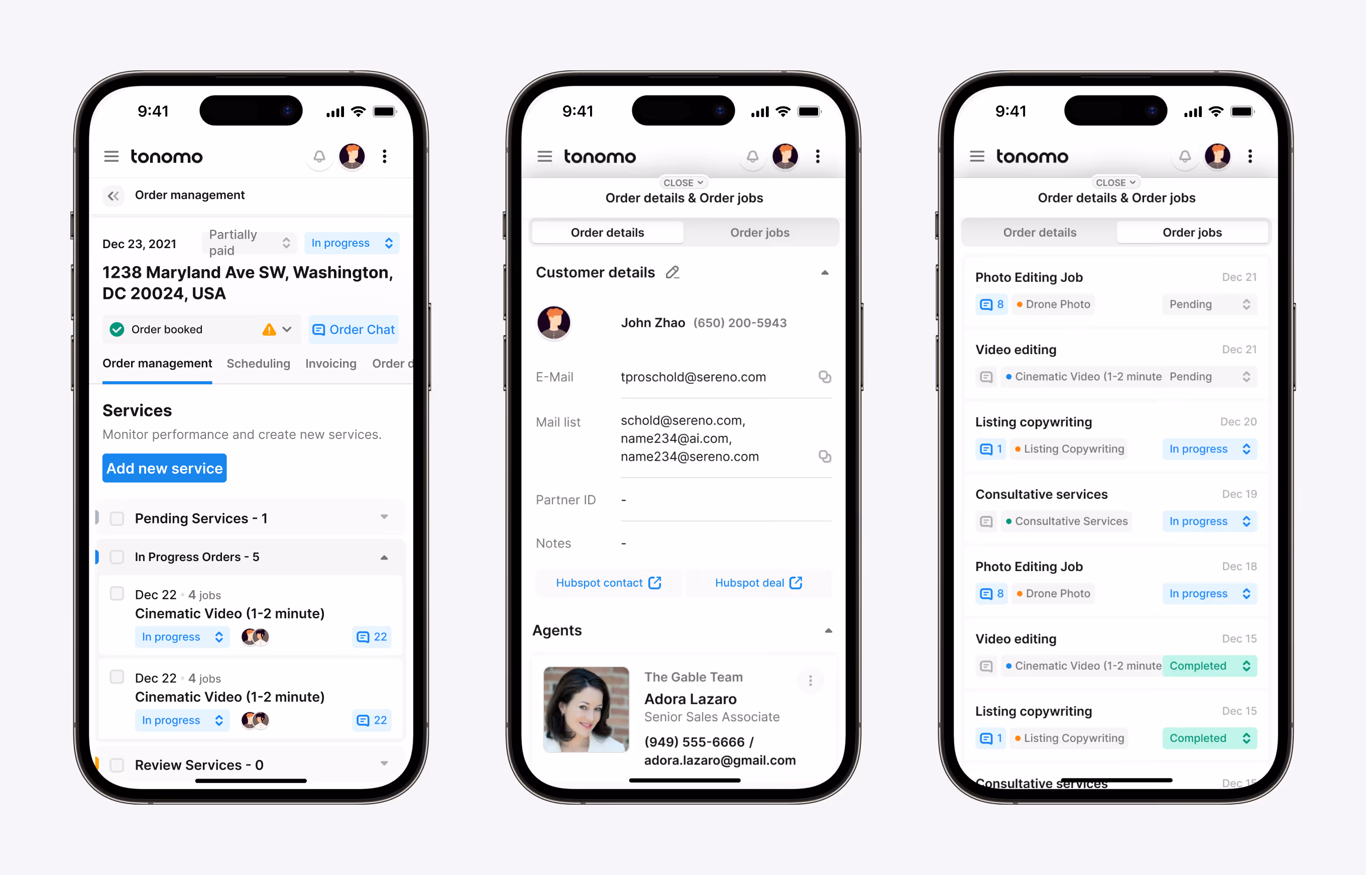 Tonomo mobile screens for production checklist, order management, and invoicing