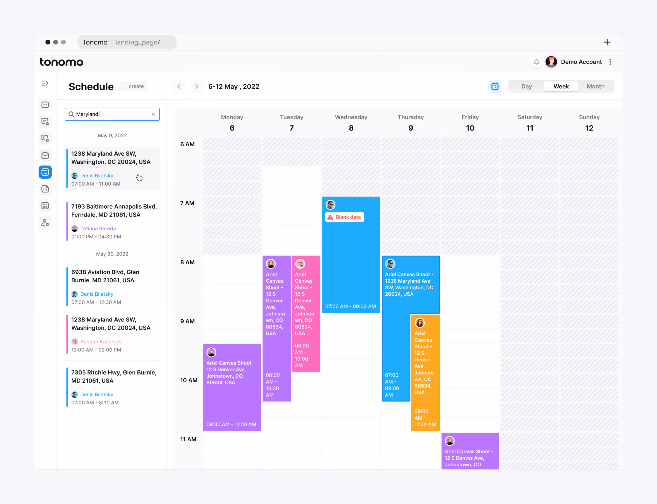 Tonomo scheduling screen with photographer selection, calendar, time slots with timing fees, and property questions