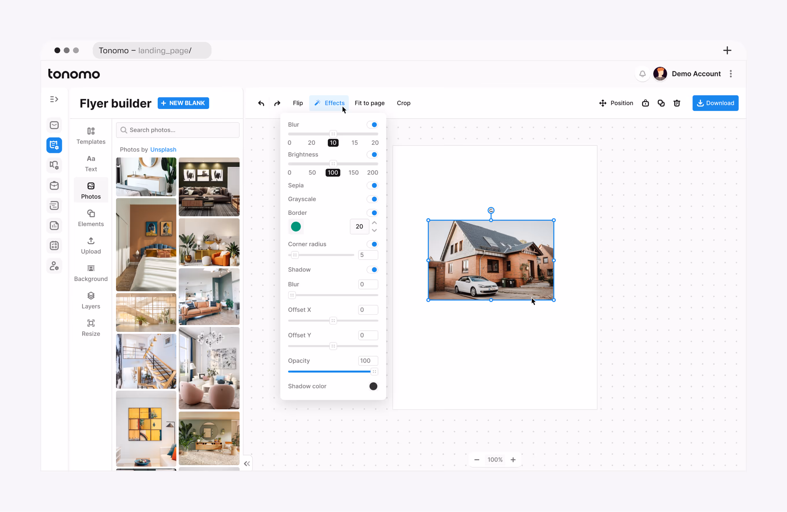 Tonomo flyer builder interface with templates, stock photos, and image effects panel