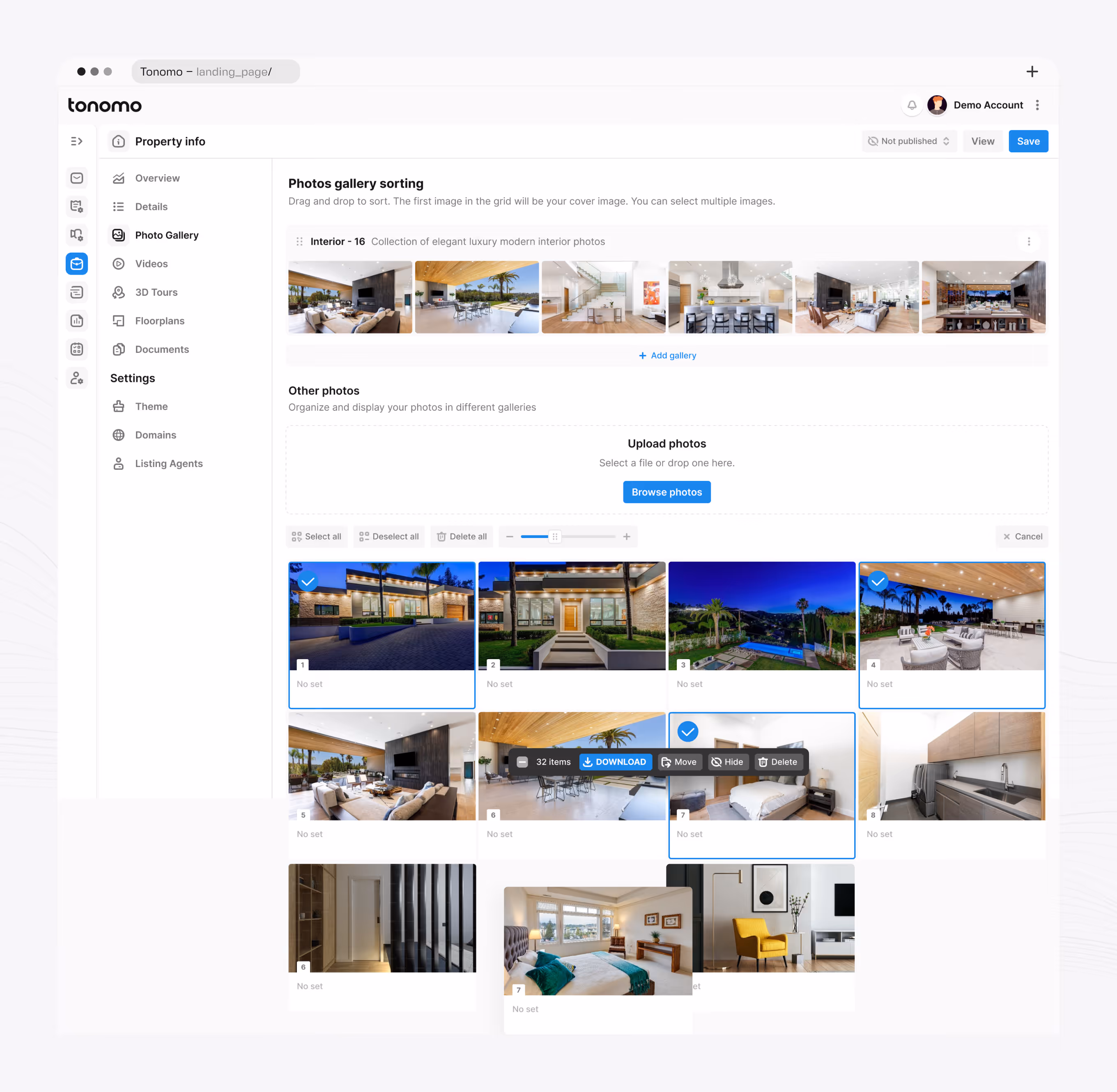 Tonomo property media delivery page with photo resolutions, video, branded and unbranded website links, and 3D tour