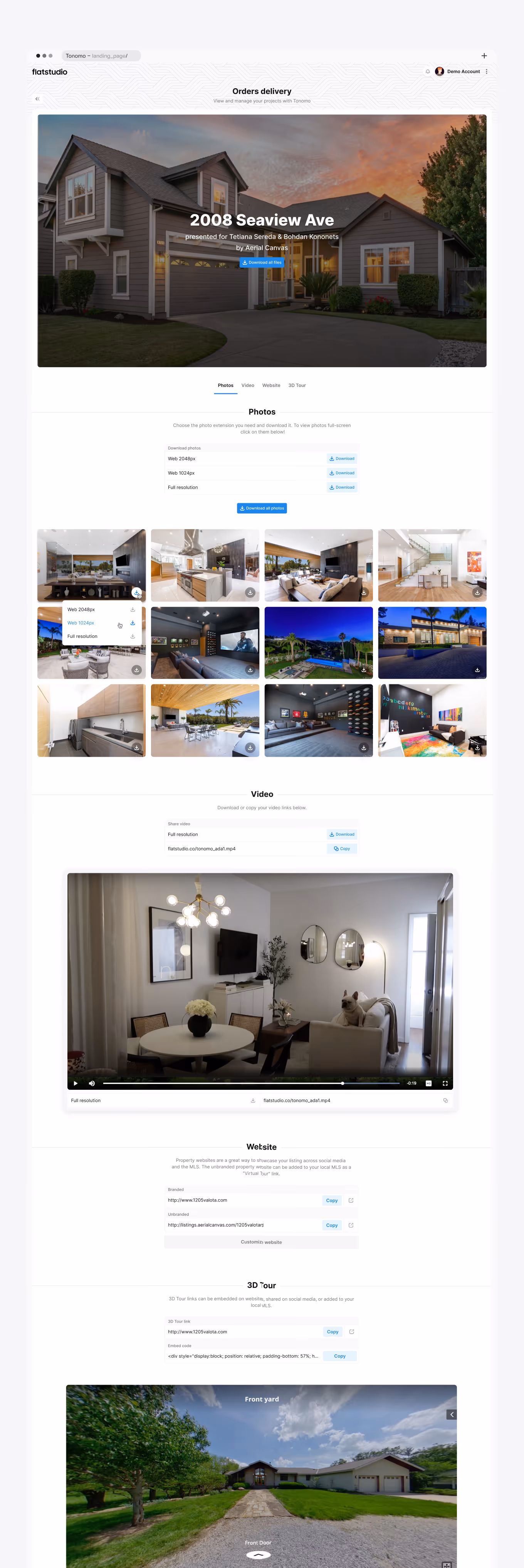 Property media delivery page with photo gallery, video, website, and 3D tour tab