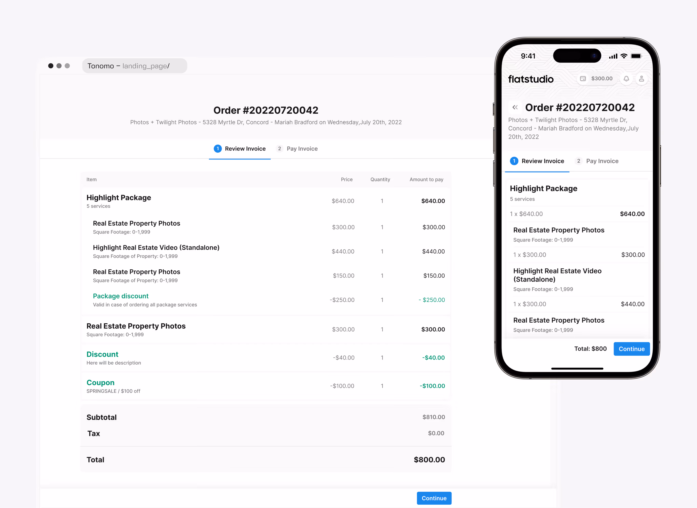 Tonomo invoice review screen with itemized package pricing, package discount, and coupon applied