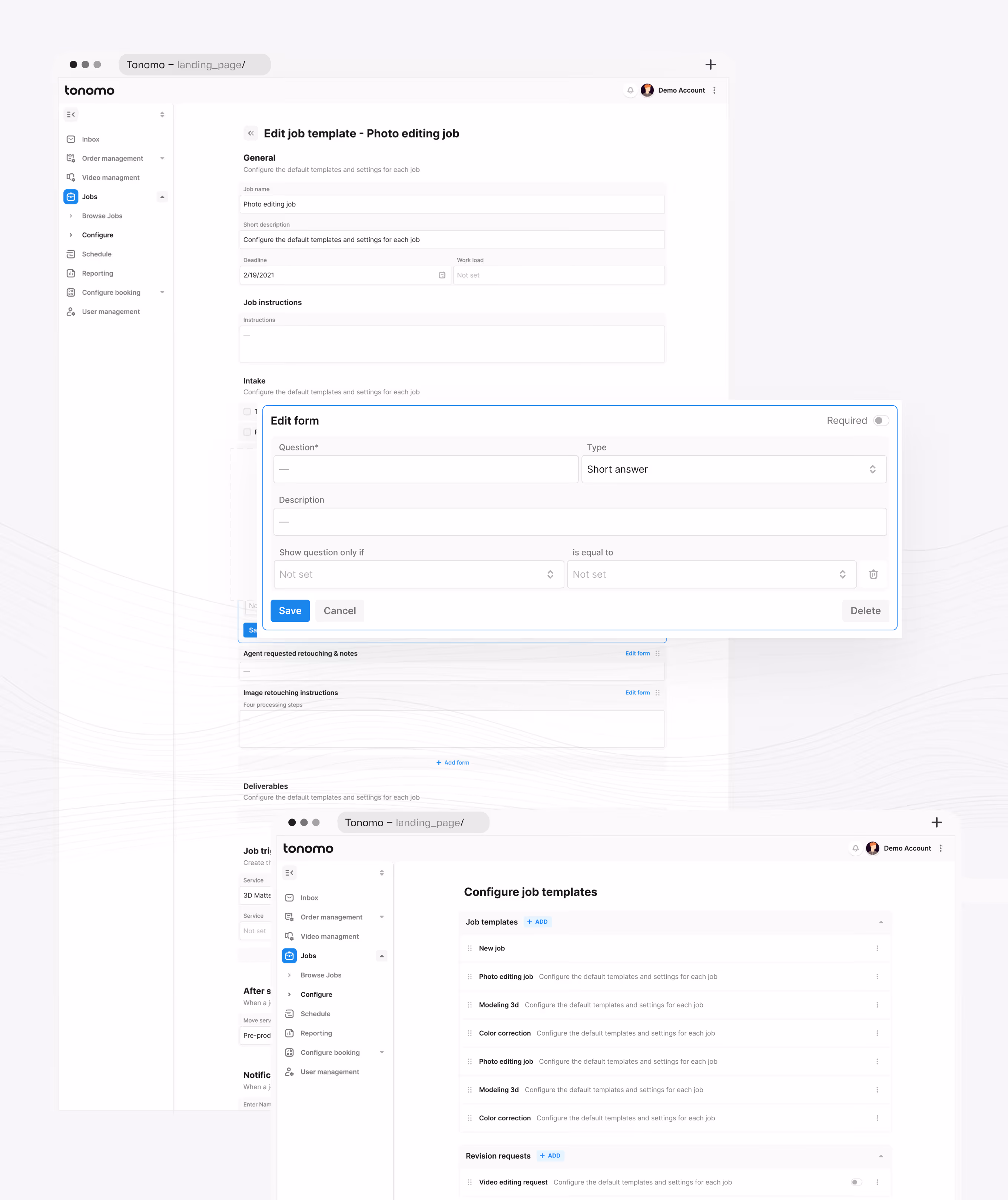Tonomo job template editor with custom form fields and list of configured job templates