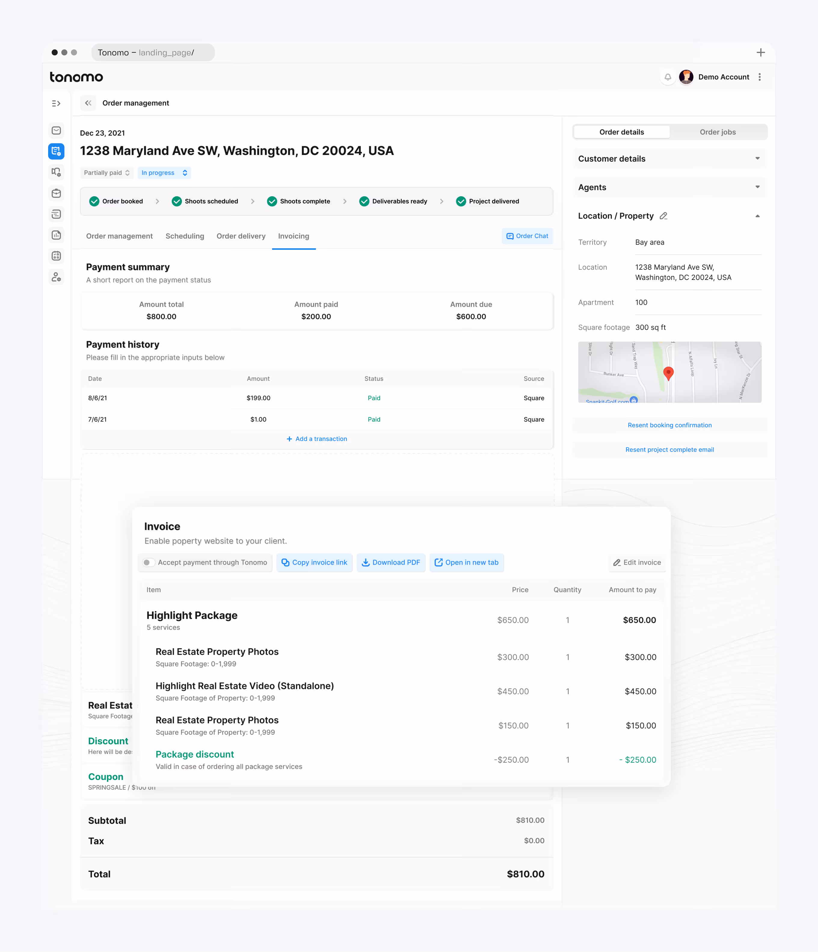 Tonomo invoicing screen with payment summary, payment history, and itemized invoice showing package discount and coupon
