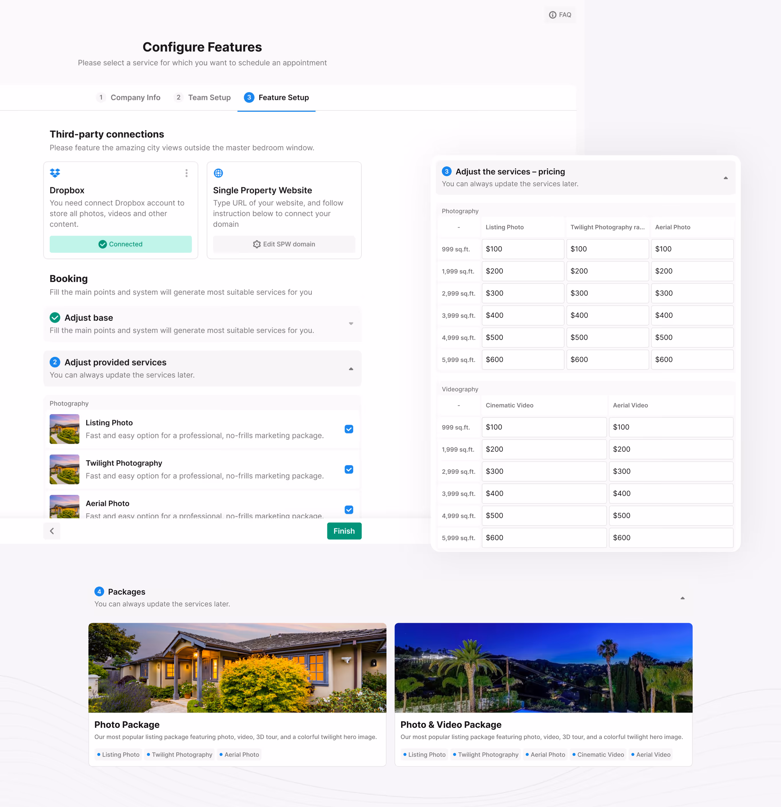Tonomo order screen with listing package, add-on options, live total, and coupon on desktop and mobile