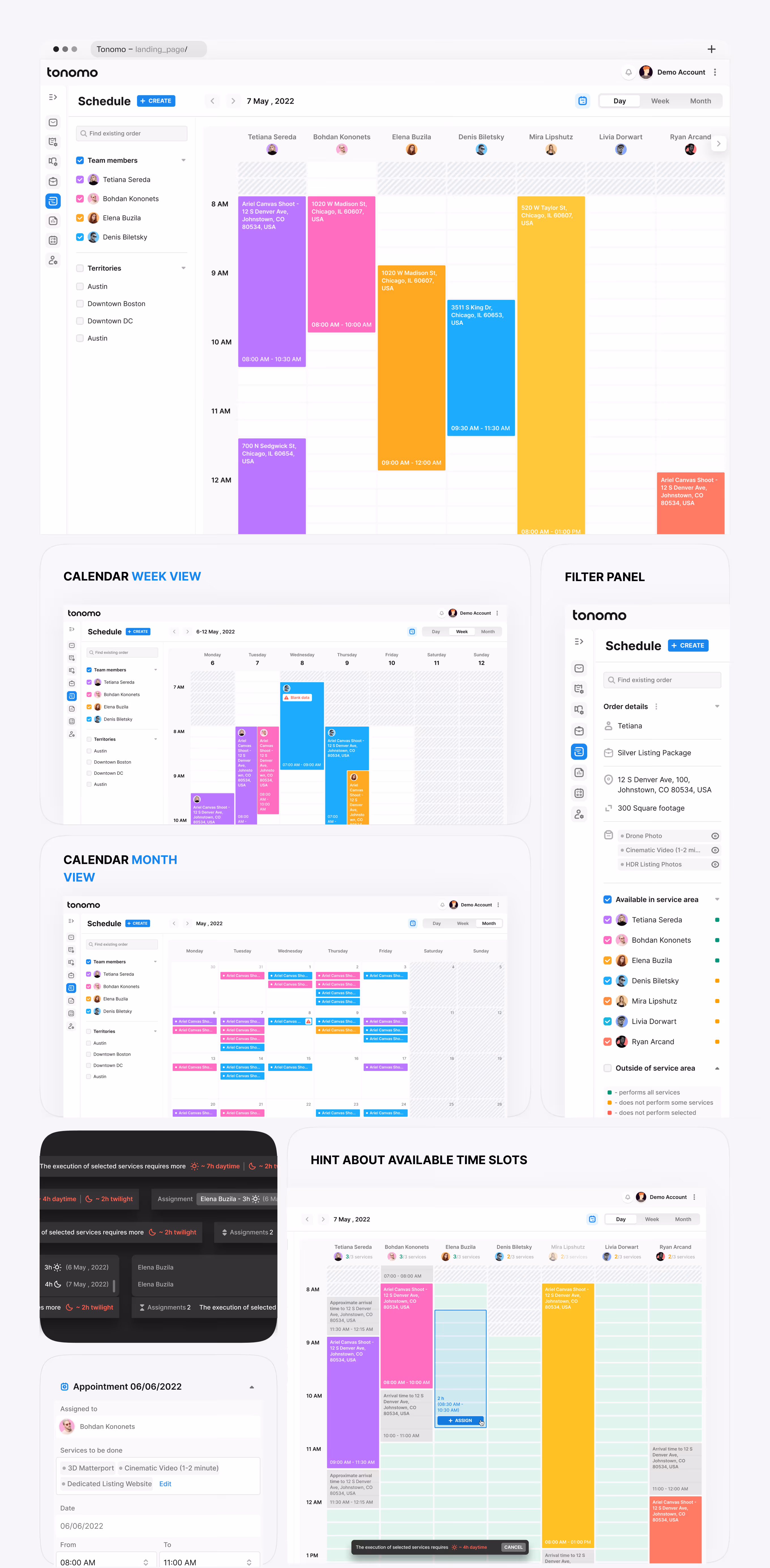 Team scheduling calendar with color-coded photographers across day and week views
