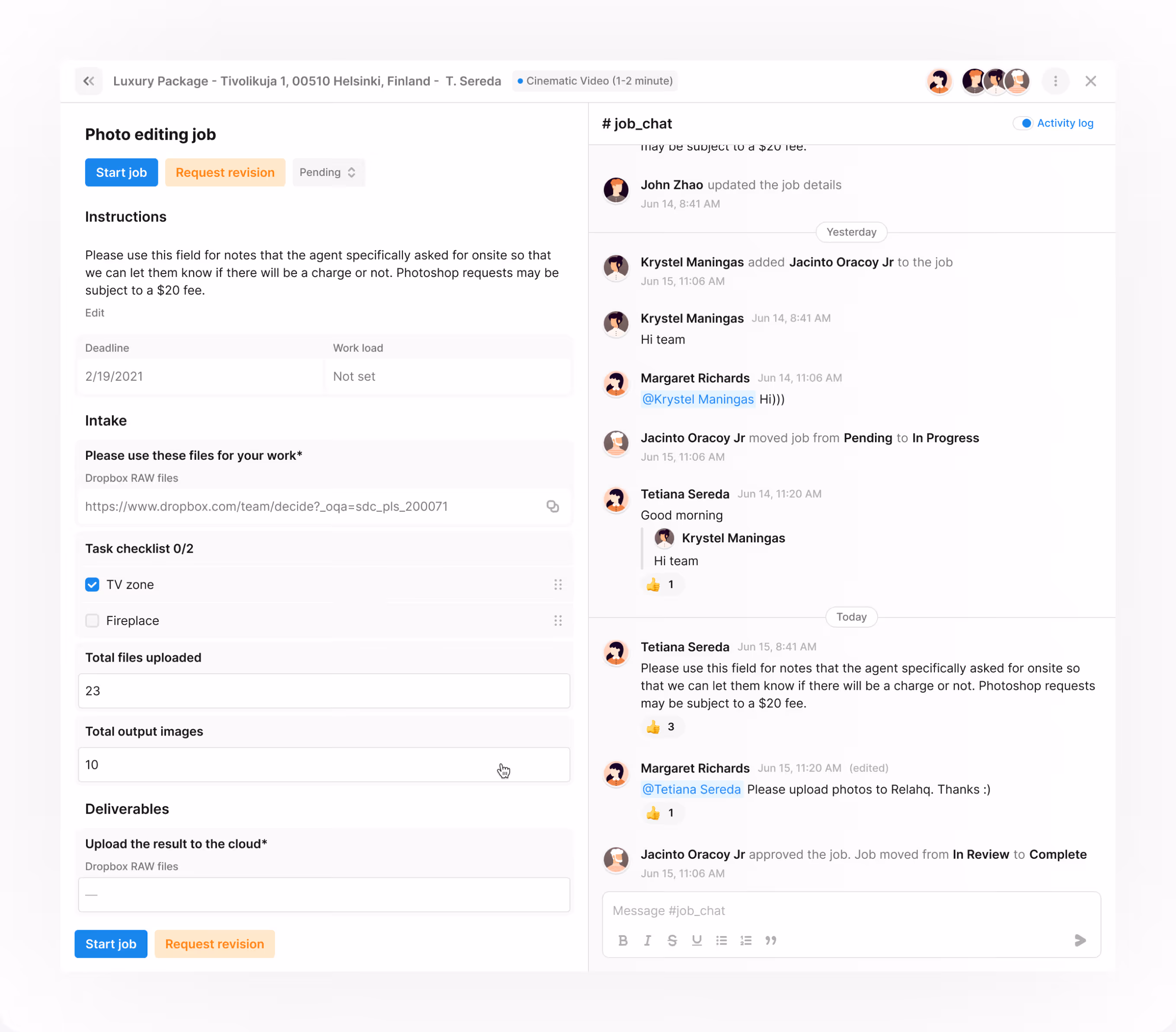 Tonomo photo editing job detail with instructions, checklist, deliverables, and job chat thread