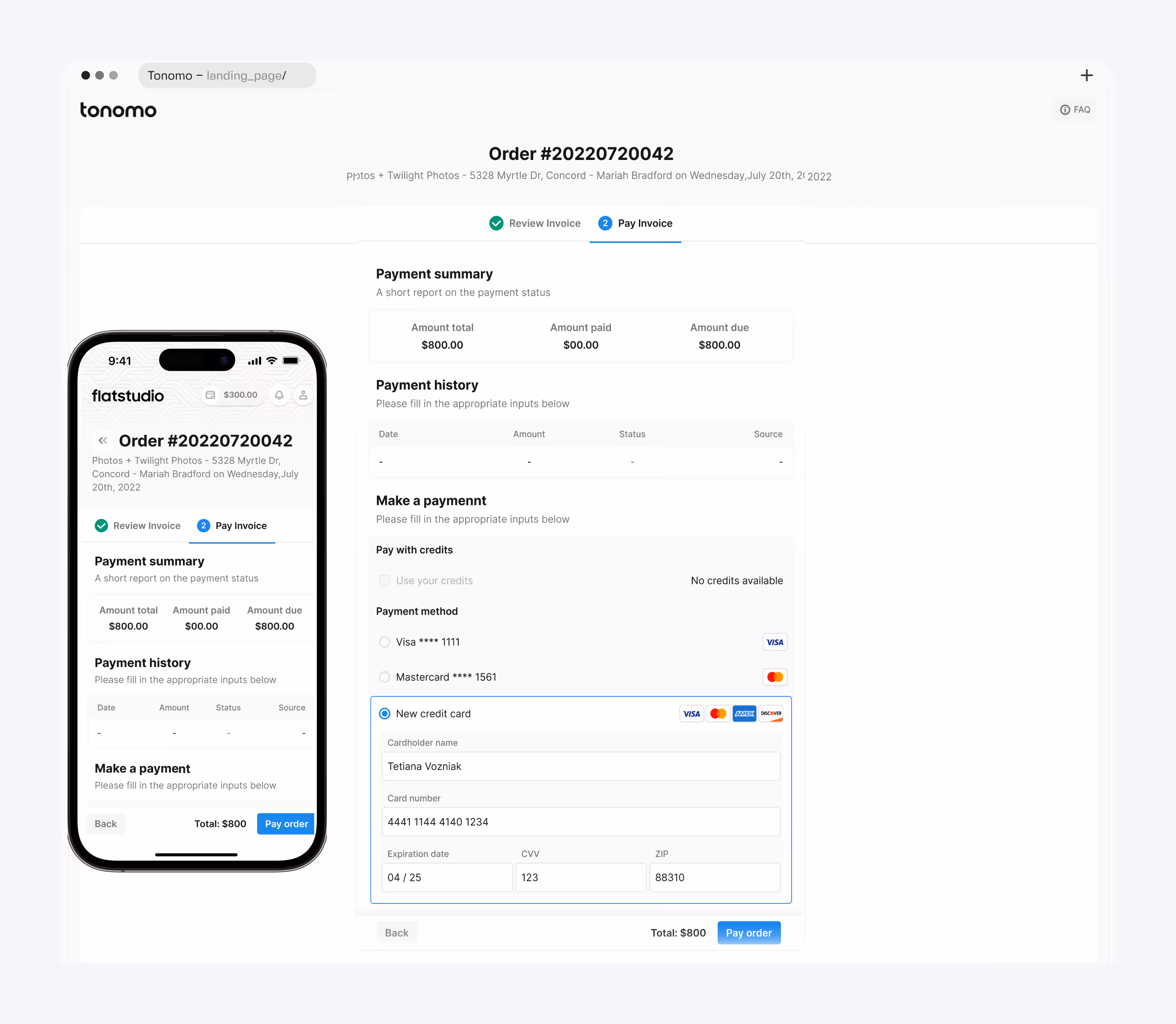 Tonomo pay invoice screen with payment summary, saved cards, and new credit card form