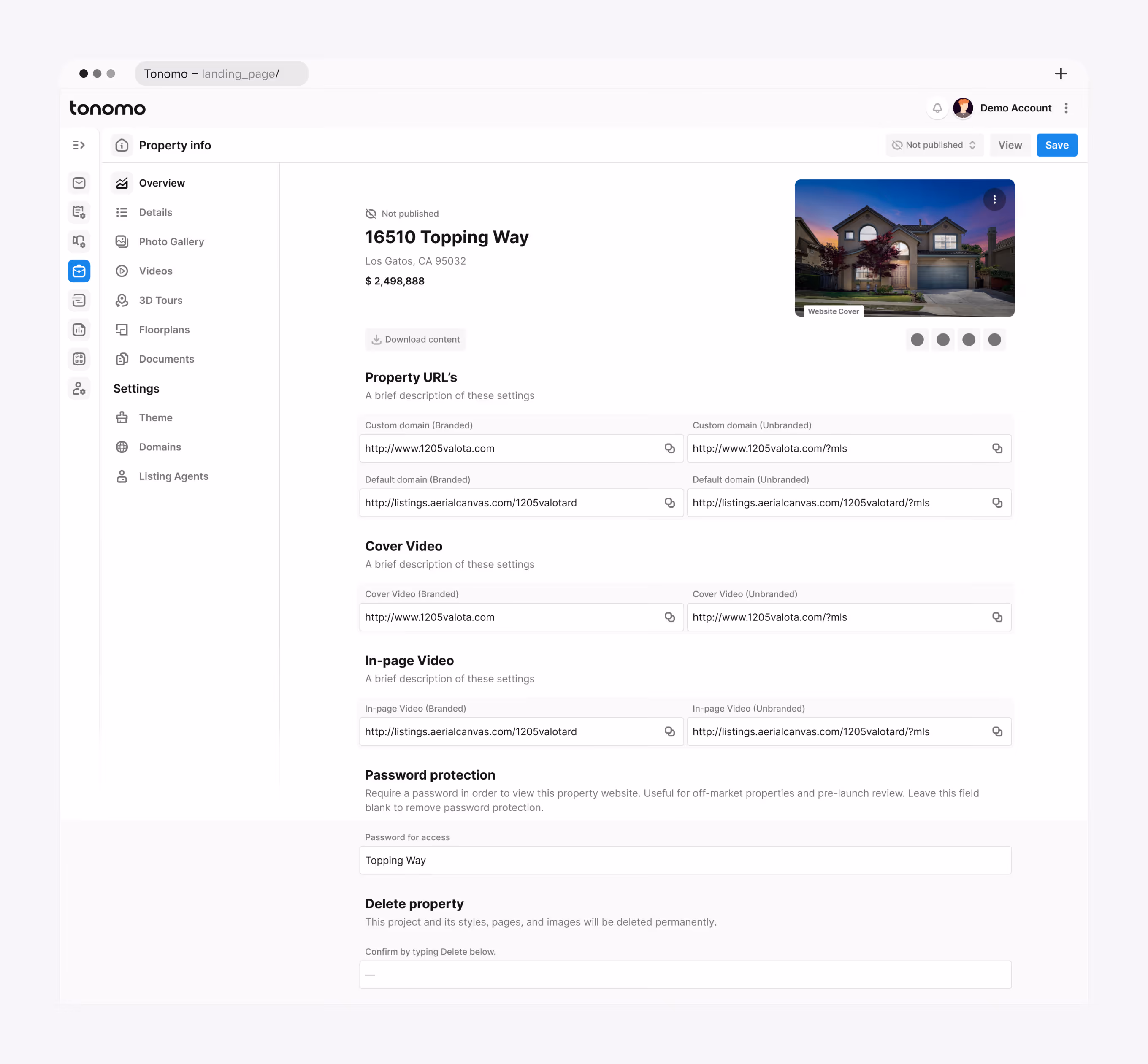 Tonomo property website admin overview with branded and unbranded domains, video links, and password protection