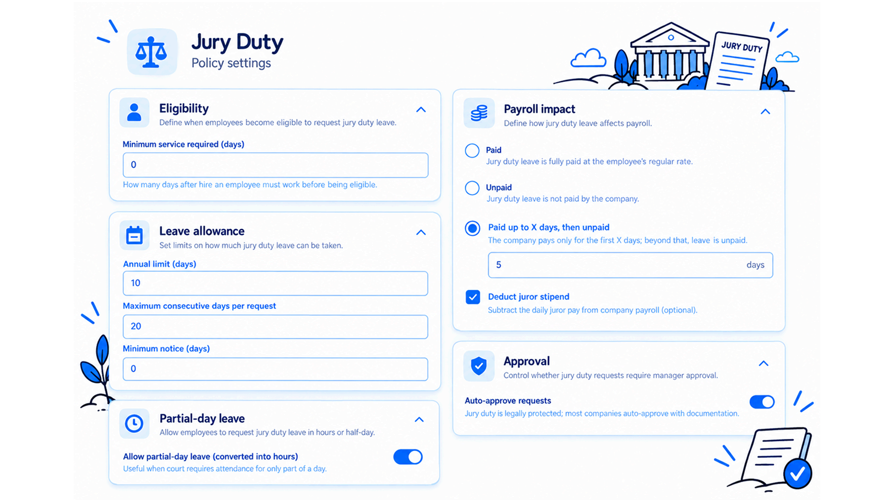 Jury Duty policy settings: eligibility, leave allowance, partial-day leave, payroll impact (paid for 5 days, then unpaid) and auto-approval