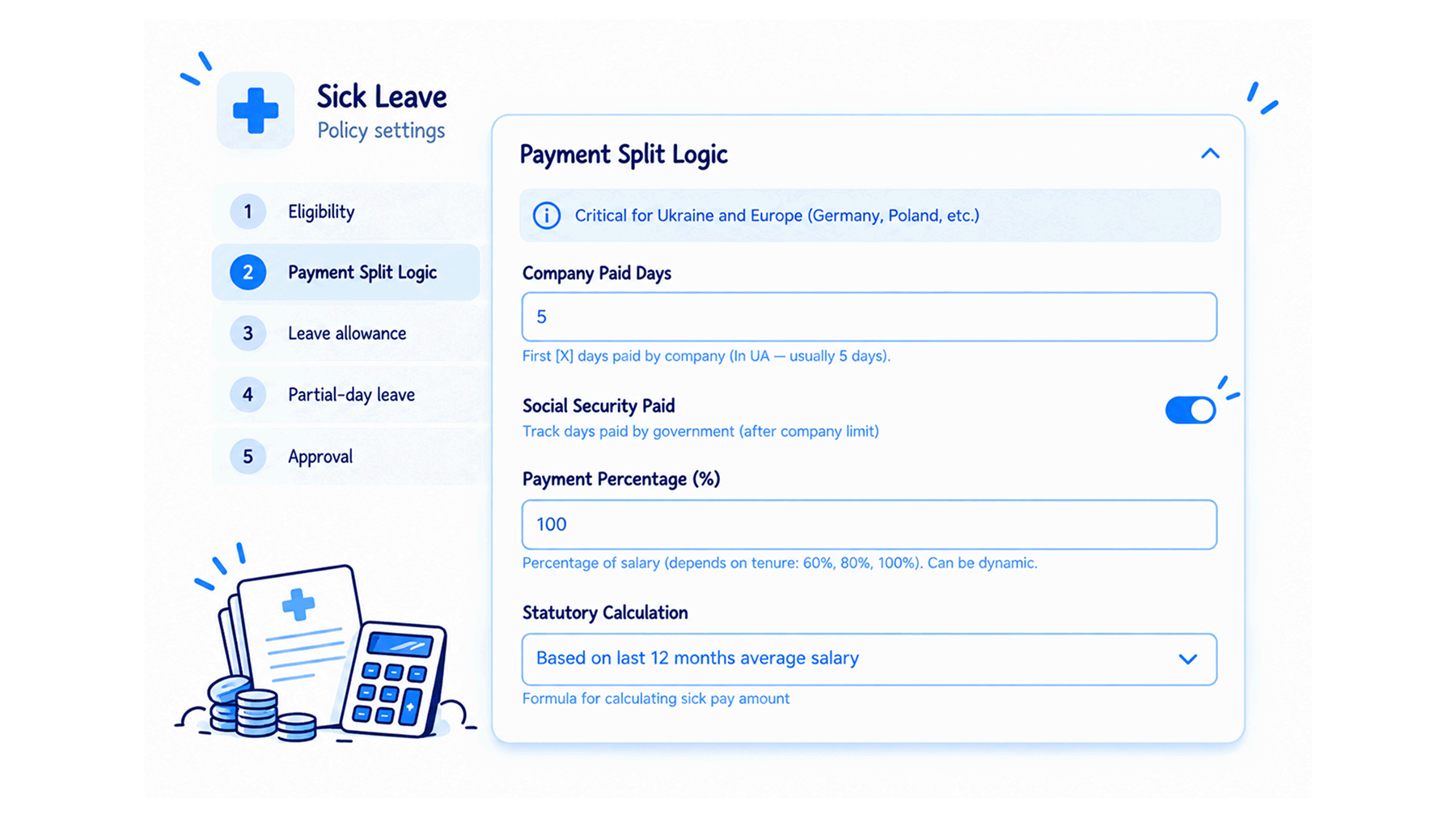 Sick Leave settings with payment split logic: company paid days, social security toggle, payment percentage and statutory calculation method