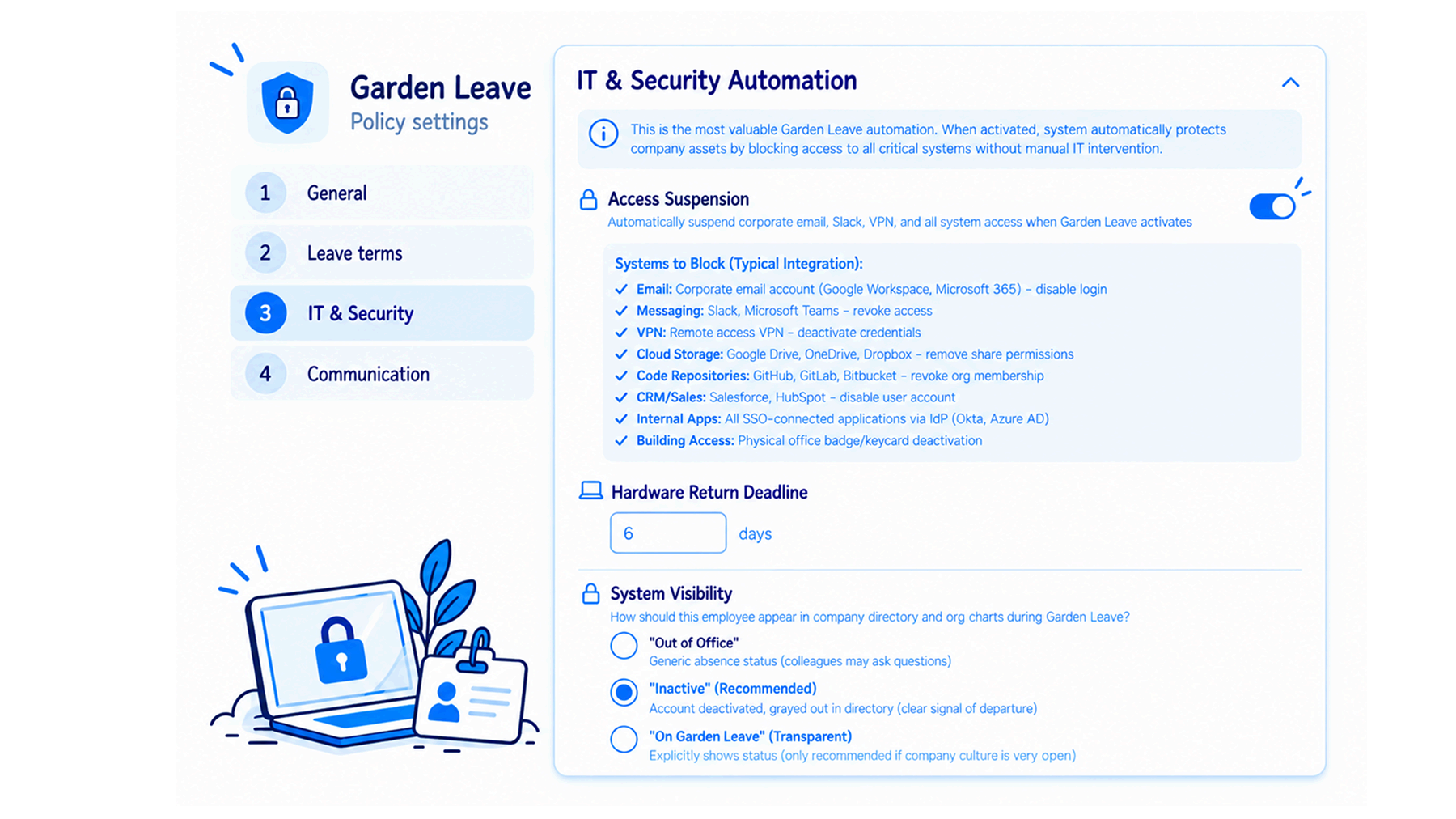 Garden Leave IT and security screen: access suspension, list of systems to block, hardware return deadline and directory visibility options