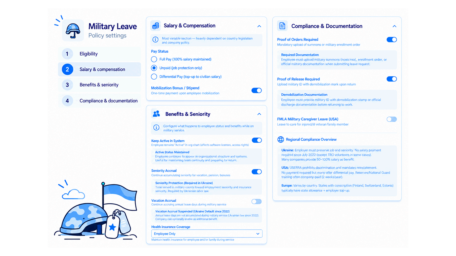 Military Leave settings: pay status, seniority and vacation accrual, proof of orders and release, with compliance notes for Ukraine, USA and Europe