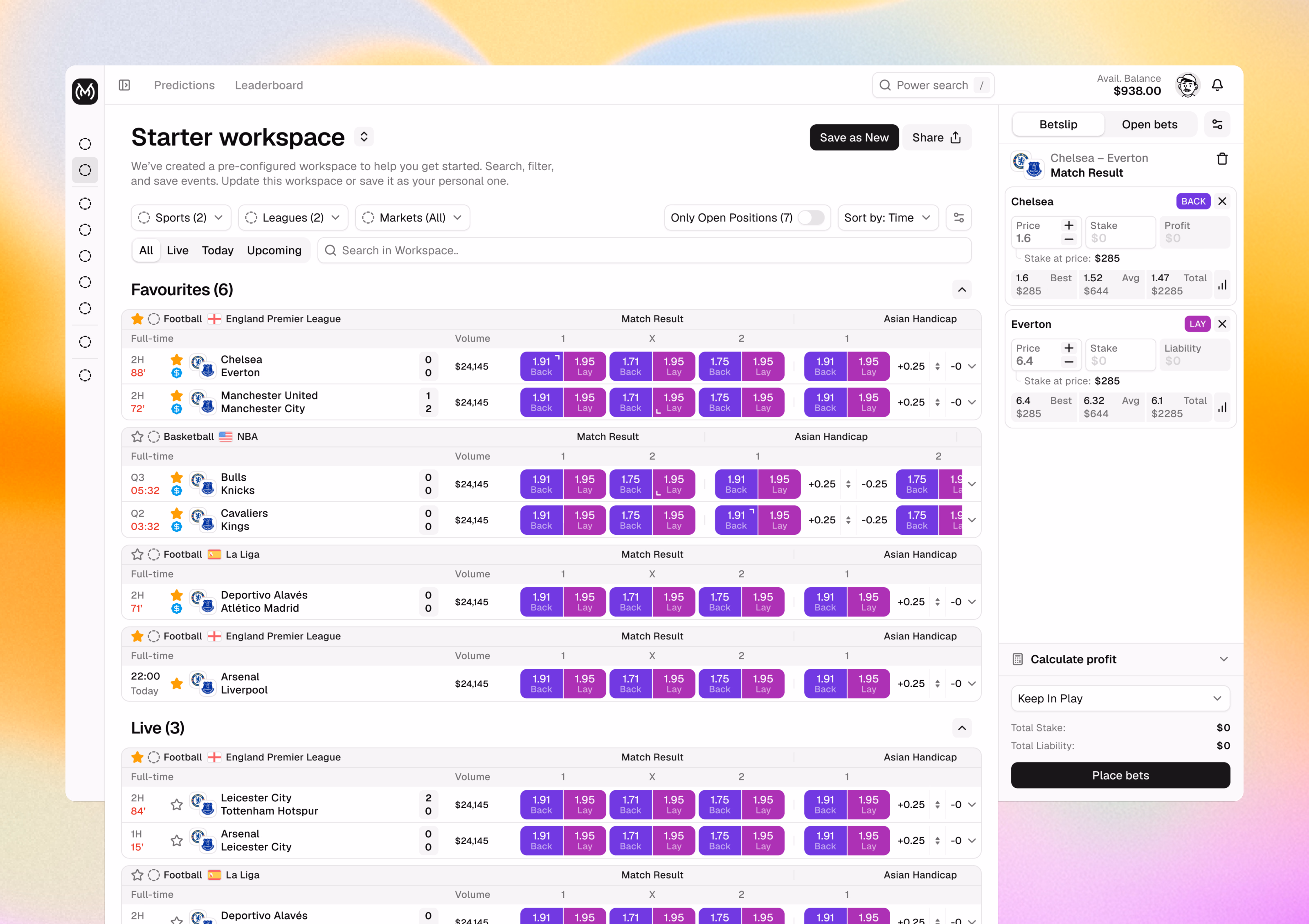 Magic Markets Starter workspace with Favourites and Live events, Back and Lay prices, volume and a two-selection betslip