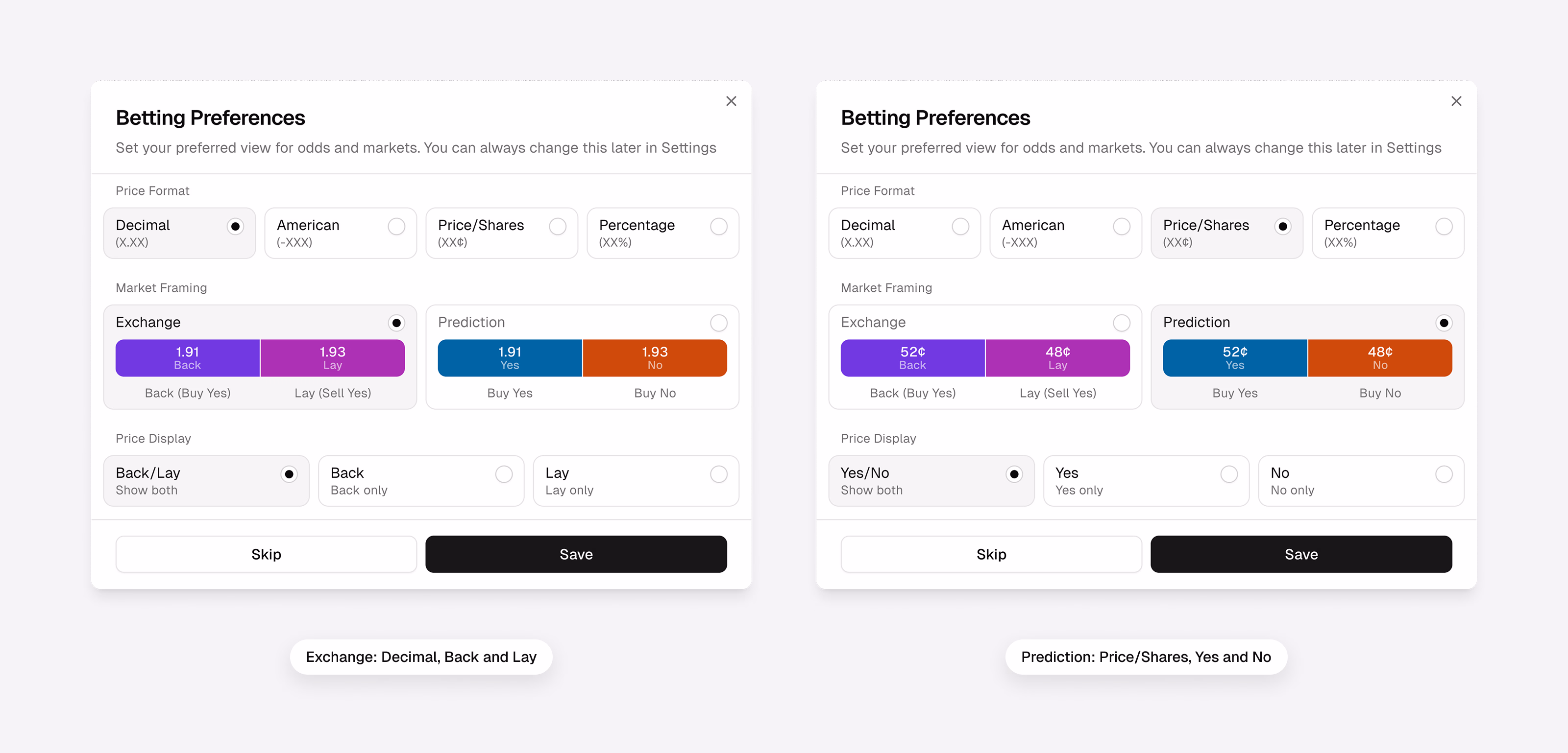 Betting Preferences dialog set to exchange framing with Back and Lay, and to prediction framing with Yes and No