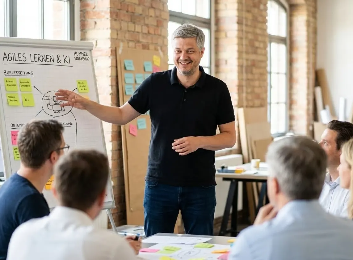 Ein lächelnder Mann erklärt in einem hellen Bürostehenden vor einem Whiteboard mit Notizen und Post-its das agile Lernen und KI einer Gruppe von fünf Personen.