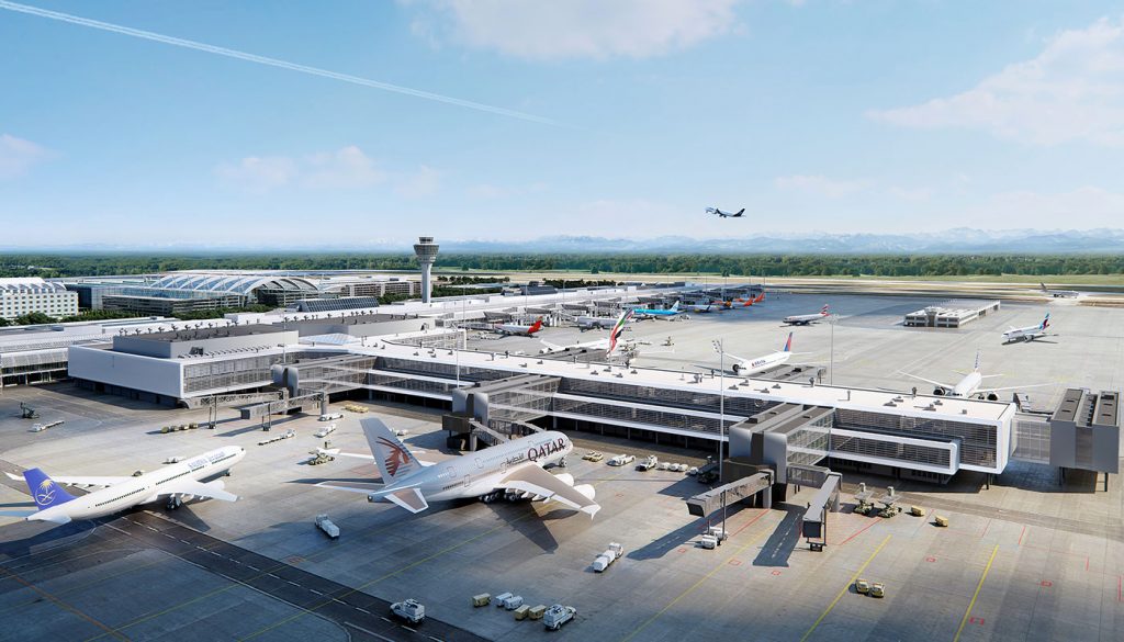 Luftaufnahme des Flughafens München mit mehreren geparkten Flugzeugen verschiedener Airlines und einem startenden Flugzeug am klaren Himmel.