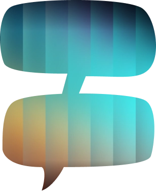 Abstraktes Symbol aus zwei übereinander liegenden Sprechblasen mit Farbverlauf in Blau- und Orangetönen.